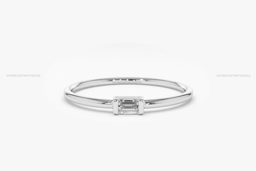 Solid Gold With Natural Brilliant Cut Baguette Diamond 14k Gold Stacking Ring - Picture 4 of 7