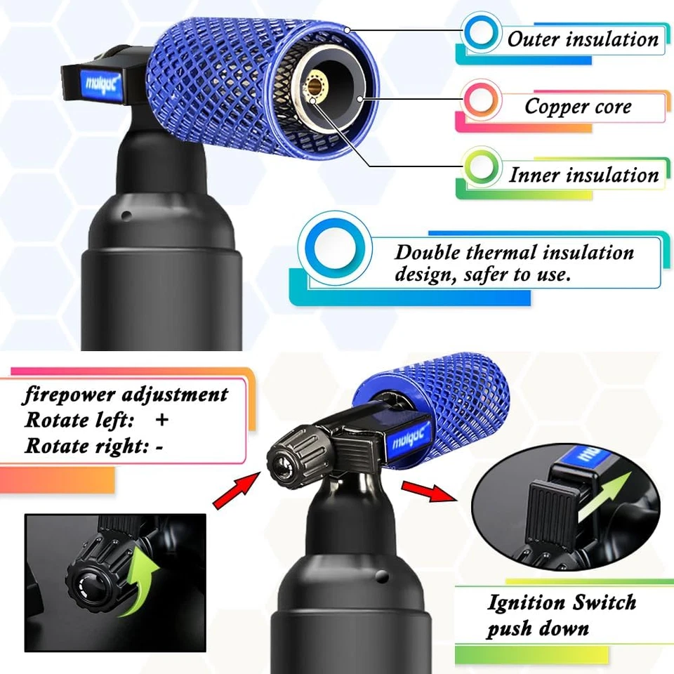 Antorcha de butano con dispositivo antiescaldaduras, encendedor de antorcha de cocina recargable, ajustable Foto 4 de 4