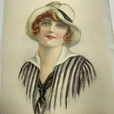 1920’s Pin Up Flapper Girl Art ORIGINAL Big Hat Lovely Lady Unsigned Original