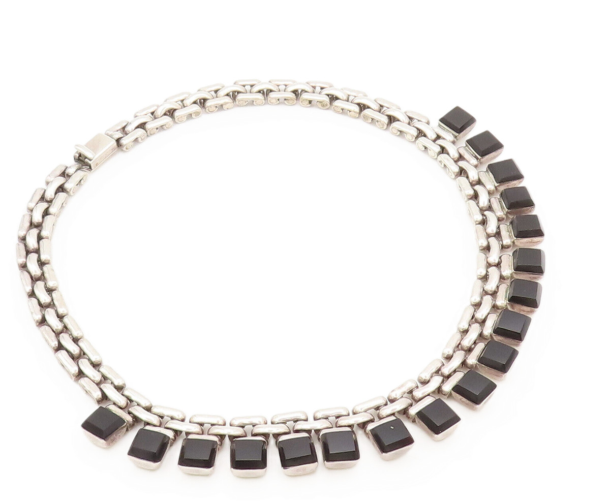MEXICO 925 Sterling Silver Vintage Necklace Link Chain Onyx Heavy 