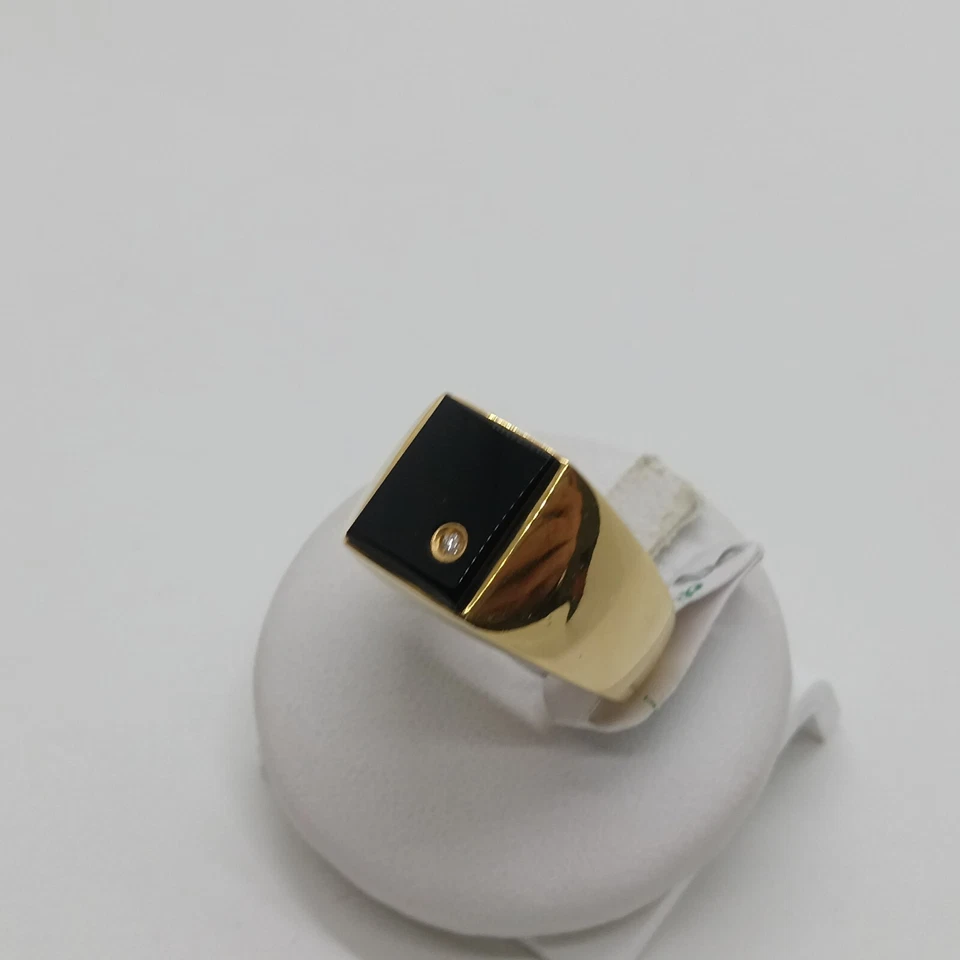 Anneau Hommes en or Jaune 18KT Avec Onyx Noir et Zircon 11,35 Taille N 24 (1646) - Photo 2/4