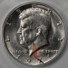 1971 D ANACS M63 Struck On Defective Planchet Kennedy Half Dollar Mint Error