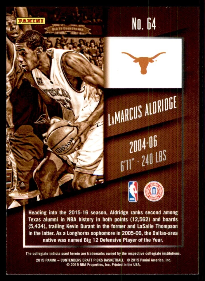 Tarjetas de baloncesto LaMarcus Aldridge E 2015-16 Panini Contenders selecciones del draft #64 Foto 2 de 2