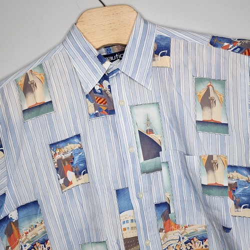 Nautica Shirt Men's L Blue Cruise Ship Button Down Short Sleeve Vintage READ