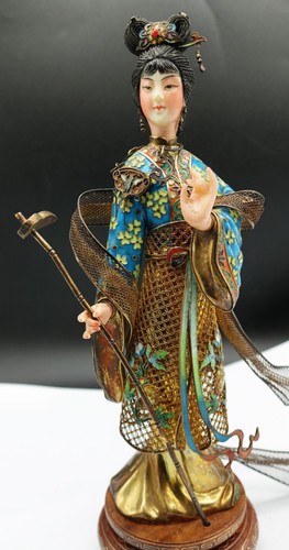 Chinese Empress Meet Leizu Figure Gilt Silver & Enamel Filigree Sculpture RARE - Picture 17 of 19