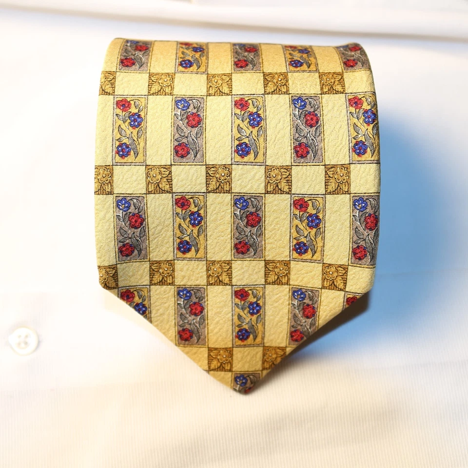 VALENTINO Italy Yellow Red Lavender Floral Geometric Silk Necktie 58"L x 3.75"W - Image 2 of 4