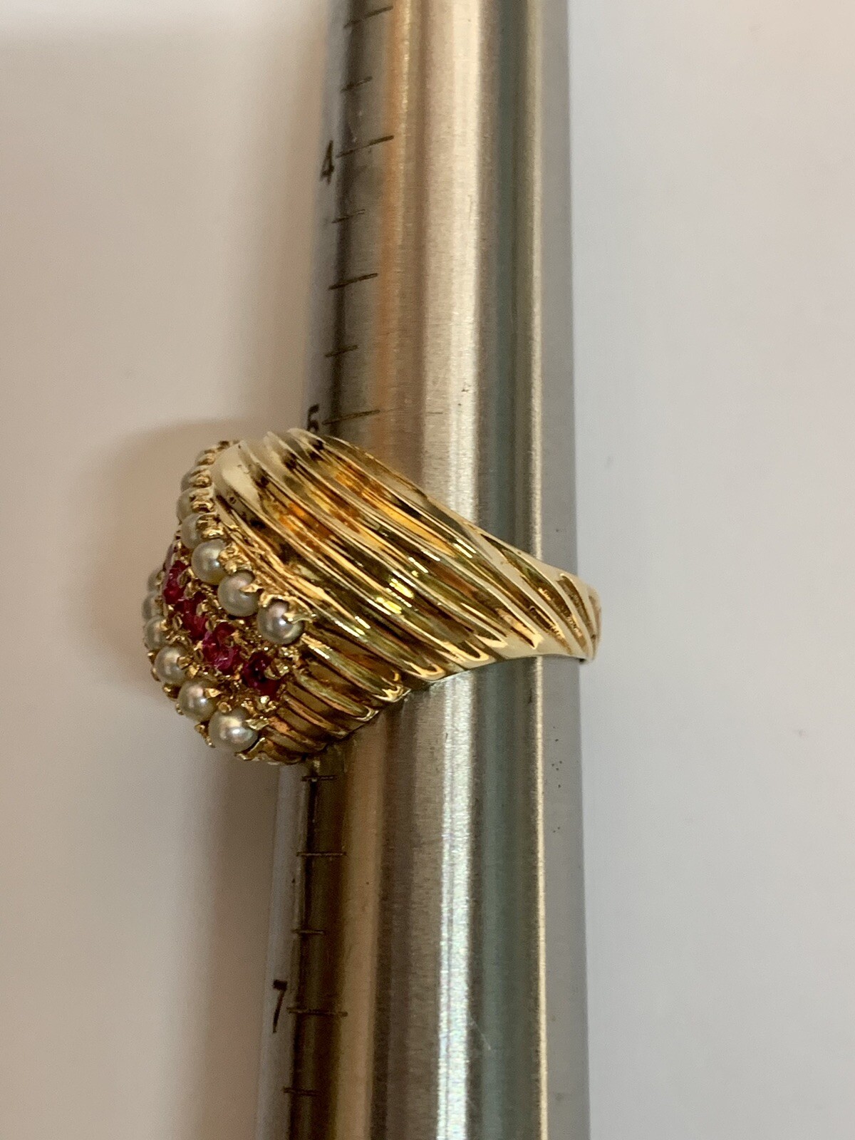 Pearl and Pink Ruby Ring 14k Solid Yellow Gold, V… - image 10