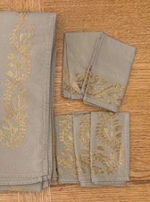 11 Pieces Taupe Cotton Gold Embroidery Decorated Tablecloth 64  x84   10 Napkins