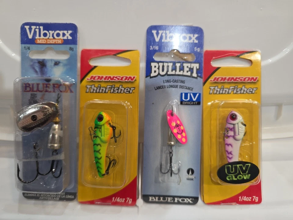 Lote de 4 hilanderos Vibrax Blue Fox 3/16 y 1/4 oz con ThinFisher Johnson 1/4 oz Foto 2 de 4