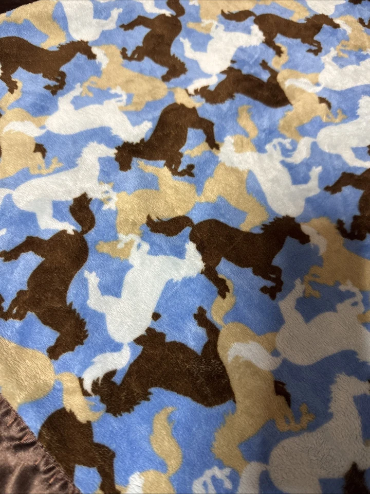 "Manta para recibir bebés caballos vaquero marrón azul satinado terciopelo suave 35x30""" Foto 2 de 4
