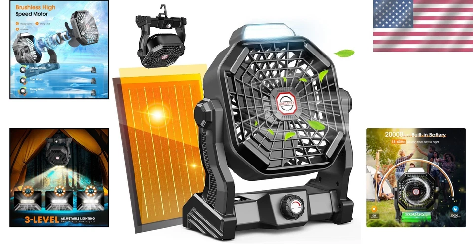 Battery Powered Outdoor Tent Fan, Solar Camping Essentials - Image 2 of 4