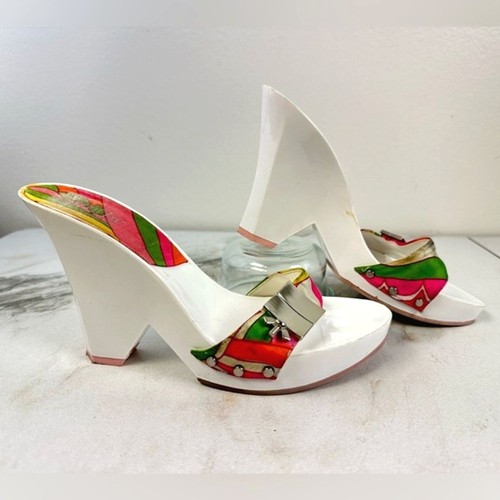 Cathy Jean White Lacquer 60s Scarf Print Mules Slides Wedge Sandals, 8