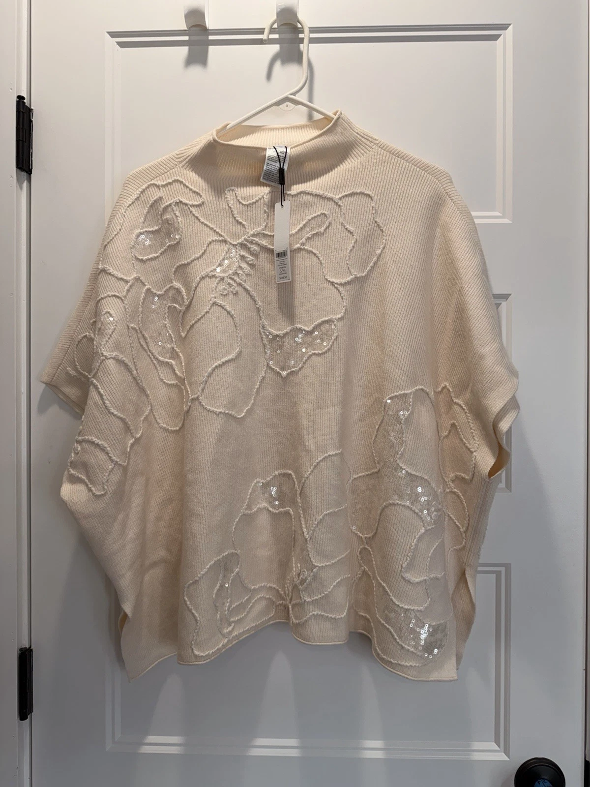 NWT Chico's Cashmere Blend Sequin Floral Poncho Sweater Cream S/M Soft Knit