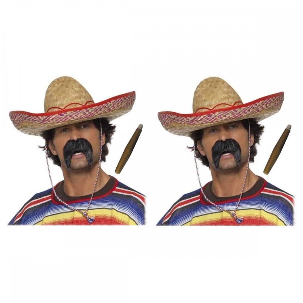 Mens 2 x Mexican Bandit Sombrero + Gringo Tash + Cigar Stag Party Fancy Dress