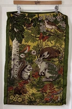 Vtg Woodlands Ulster Linen Tea Towel Wall Hanging Ireland Forest Animals 19x28”