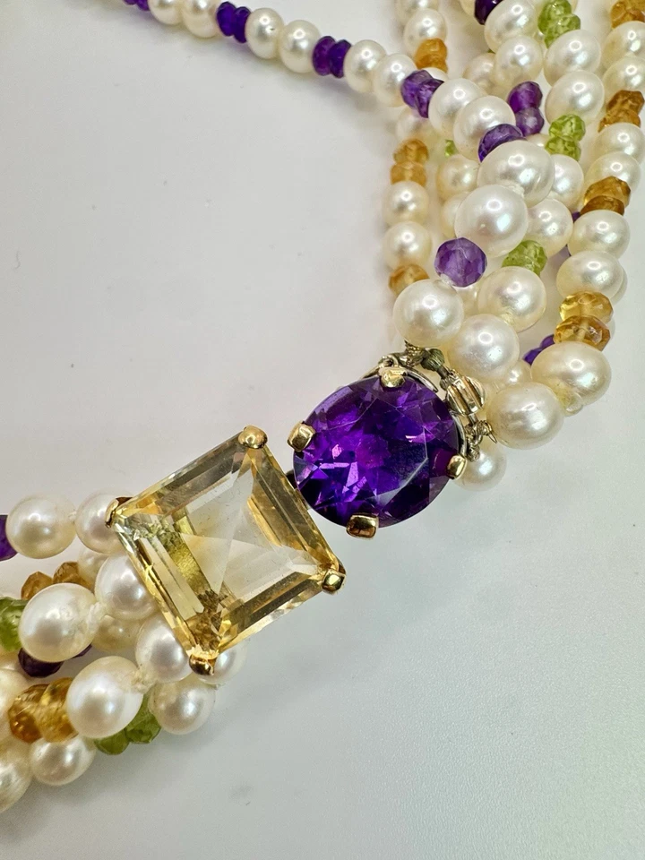 Collana Multi Filo Vintage Pietre Preziose Ametista Peridoto Citrino Idea Regalo - Immagine 4 di 4