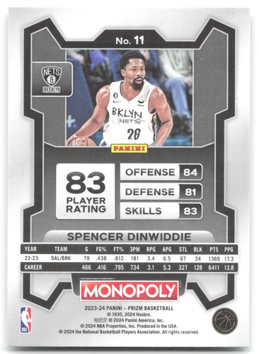 2023-24 Panini Prizm Monopoly #11 Spencer Dinwiddie - Picture 2 of 2