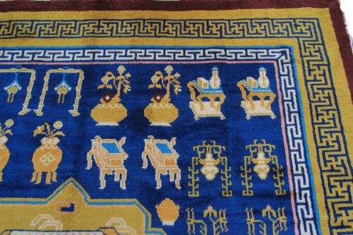 Antique Chinese Art Deco Rug Ninghshia Rug Guardian Lions Peking Blue 8X9 C.1900 - Picture 8 of 12