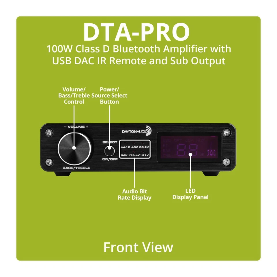 Dayton Audio DTA-PRO 100W Class D Bluetooth Amplifier with USB DAC IR Remote and - Image 3 of 4