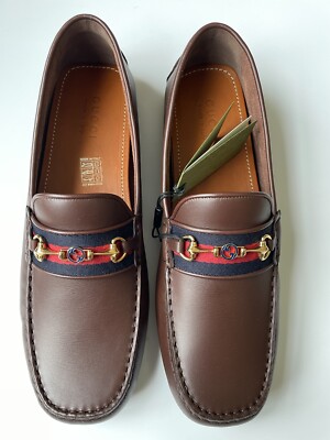 GUCCI Mens Web Stripe Horsebit Brown Leather Driving Loafers  display picture 1