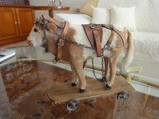 Antique wooden pull toy on wheels with harness glass eyes c1900 for antique doll