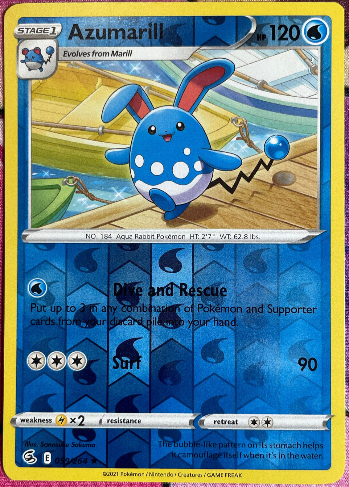 Azumarill Reverse Holo Rare - 059/264 - Fusion Strike Pokemon 2021