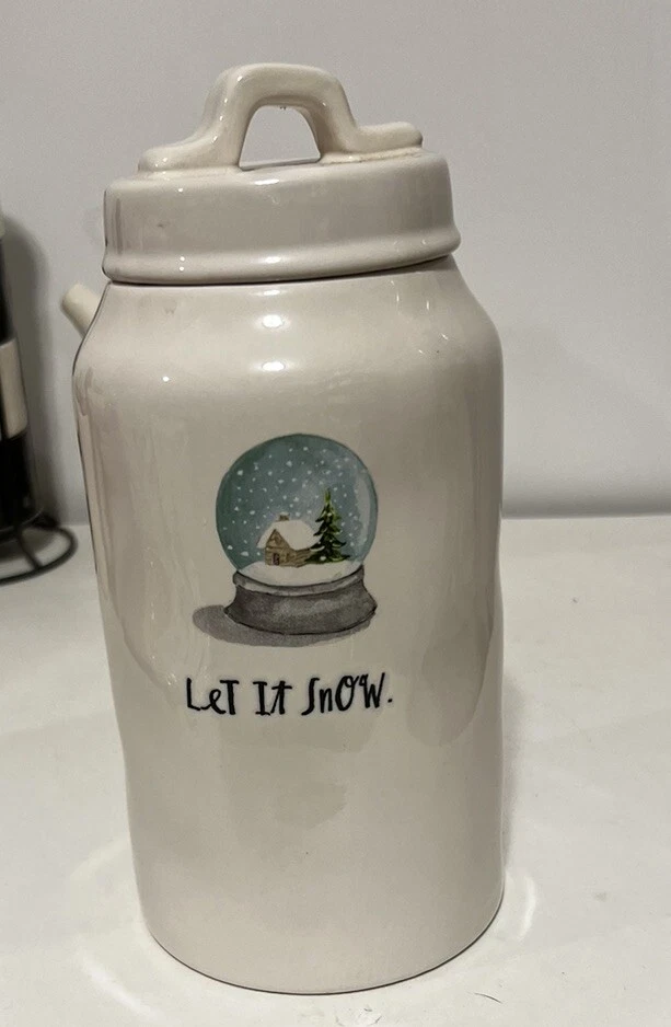 Rae Dunn Let It Snow Canister Snow Globe Art White Ceramic Xmas Candy Cookie Jar