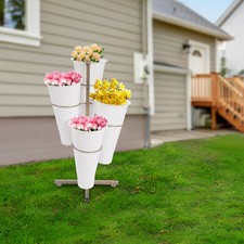Flower Display Stand with 4 White Plastic Buckets Rotatable Metal Flower