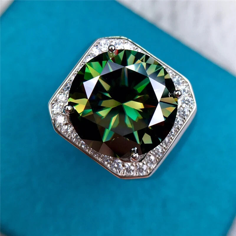 10 Carat Round Cut VVS Moissanite Wide Men's Ring Halo Green Silver Ring