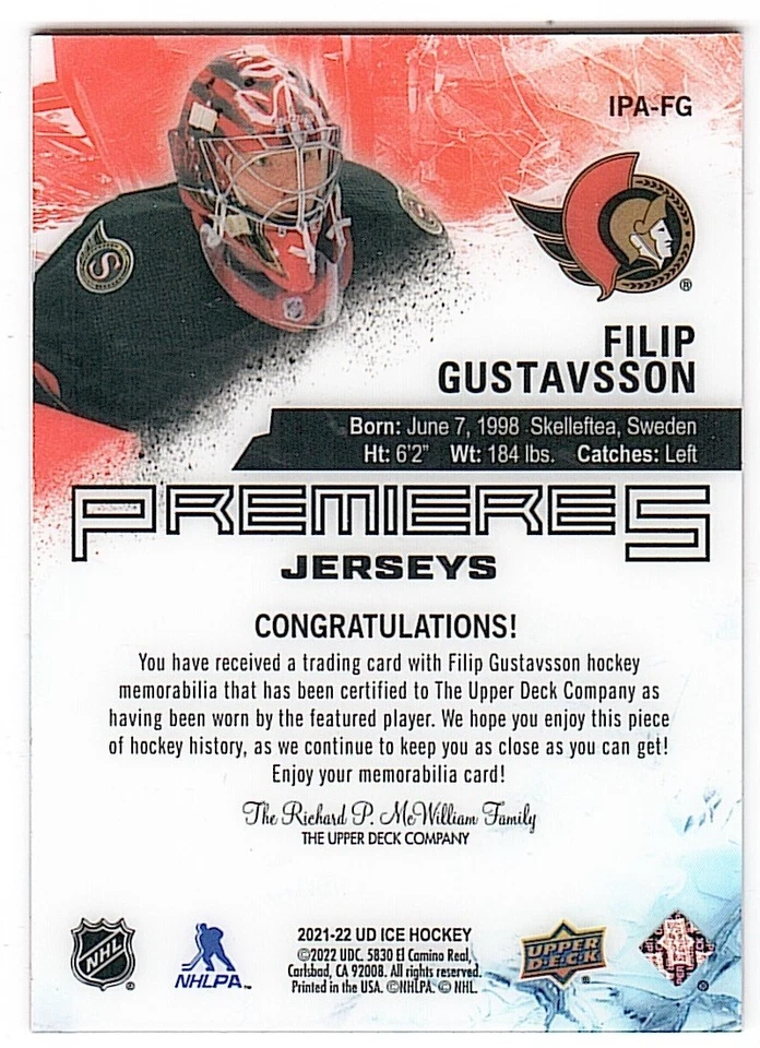 2021-22 Upper Deck Ice Jerseys #IPA-FG Filip Gustavsson Senators Relic - Image 2 of 2