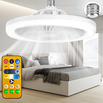 10'' E27 Socket Ceiling Fan 30W Dimmable LED Chandelier 3-Color Light w/Remote