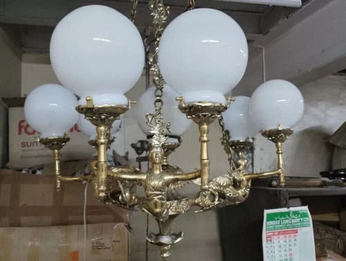 Marine Vintage Solid Brass & Milk Glass Globe Hanging Mermaid Chandelier Lamp - 第 4/8 張圖片