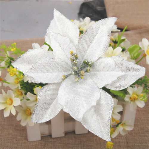 10Pcs Artificial Fake Flowers Christmas Tree Poinsettia Glitter Xmas