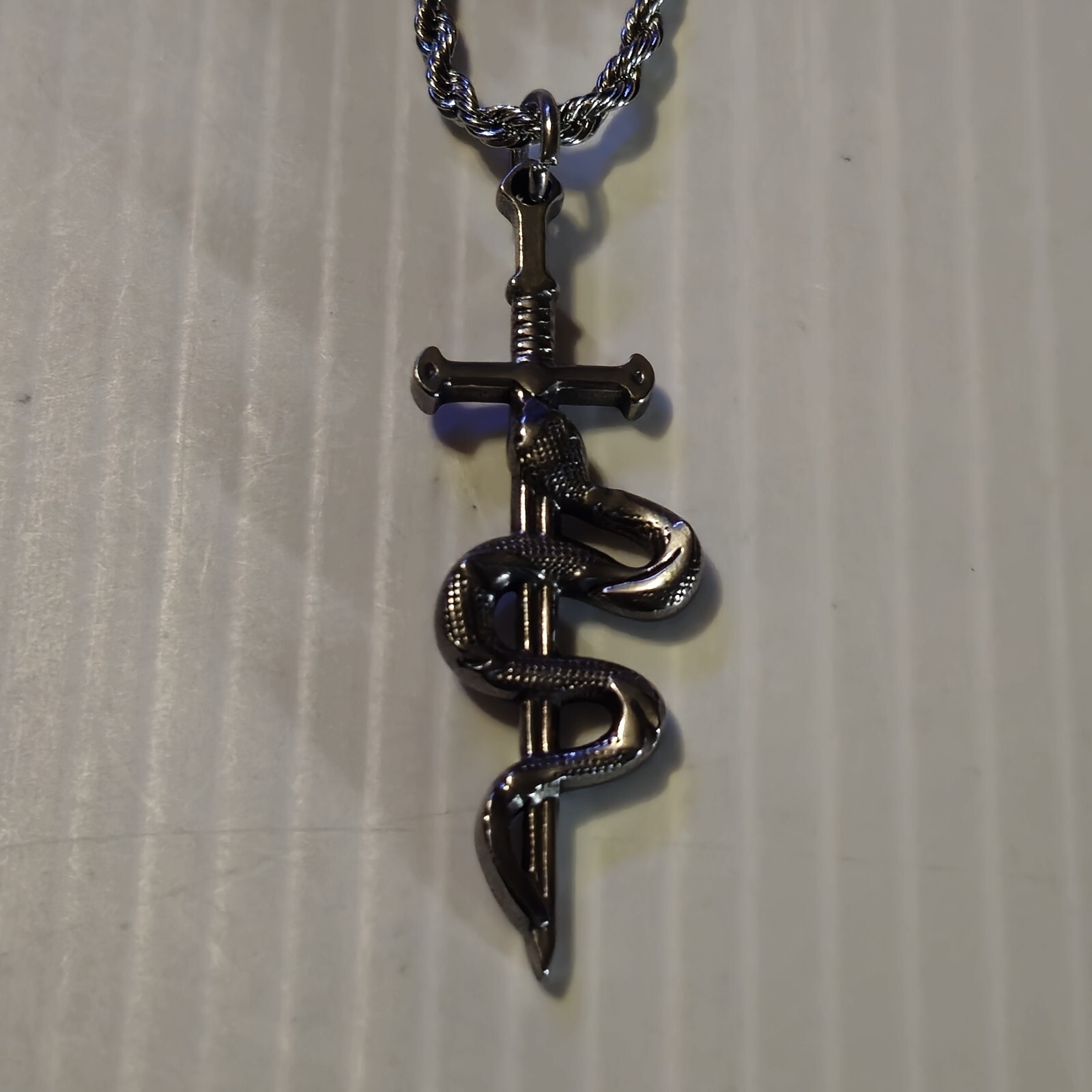 STAINLESS STEEL SWORD & SNAKE Pendant Charm / 18"-24" CHAIN 3MM NECKLACE