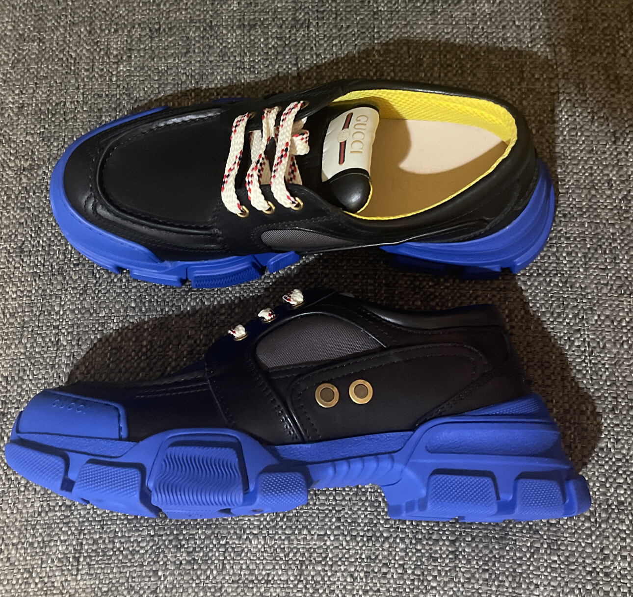 SAOLA Sneakers AUTENTICHE IN PELLE NERA DERBY Suola in gomma blu oversize Gucci taglia 7