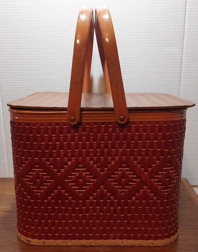 Vintage wood-woven 2 tone Redmon/Red-Man? table top square picnic basket - Picture 4 of 17