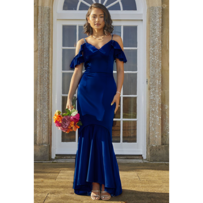 Chi Chi London Satin Cami Strap Ruffle Bodycon Dress in Navy Blue US Size 8
