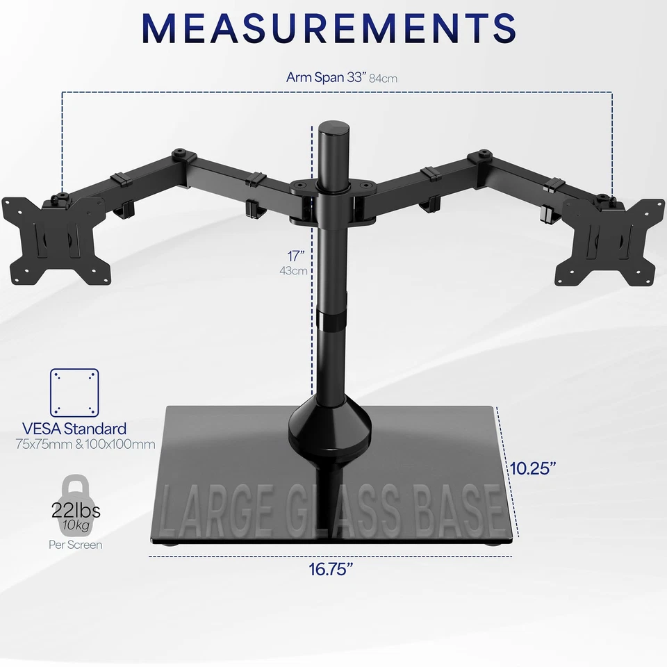 Freestanding Dual Monitor Stand with Sleek Glass Base and Adjustable Arms, Mo... - Image 4 of 4