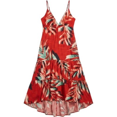 Anthropologie Tropical Goddess Boho Print Tiered Maxi Dress Size S Red Summer