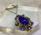 Vintage Austria Rhinestone Lapis Art Glass Teardrop Gold Tone Pendant Necklace — photo 2