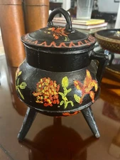 Antique Heavy 1900s Spanish Folk Cast Iron Hand Painted 3 Leg Cauldron Pot & Lid