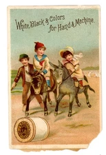 Antique Victorian J&P Coats Trade Card – Children Riding Donkeys – Sewing Thread