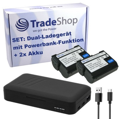 Set: 2x Akku 1900mAh + USB-C USB-A Ladegerät Powerbank für Nikon D500 D600 D610