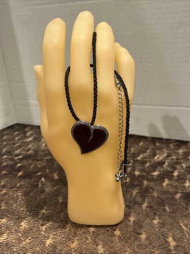 LIA SOPHIA Burning Love Twisted Black Cord Red Enamel Heart Pendant Necklace!