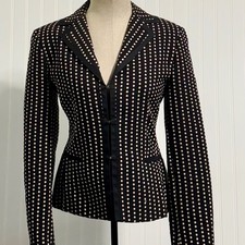 Talbots Blazer 6 Black Beige Polka Dot Seersucker Hook Eye Office Siren VTG