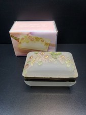 Vintage Floral Trinket Box Frosted Opaque Glass Gold Tone Trim Hinged Lid