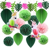 Party Deko GrüN BläTter Papagei Hawaii Tischdeko Pompoms 15Er FüR Sommer Garten