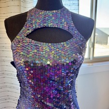 1017 Size 4 Adrianna Papell sequin column gown purple high neck back slit formal