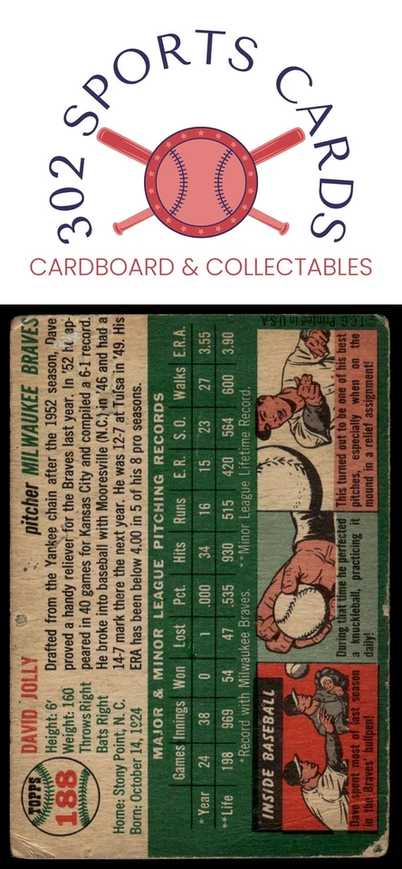 1954 Topps #188 Dave Jolly - Image 2 of 2
