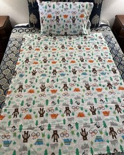 Carter's Three Piece Crib Sheet Set Flat Fitted Pillowcase Bear Raccoon Bike